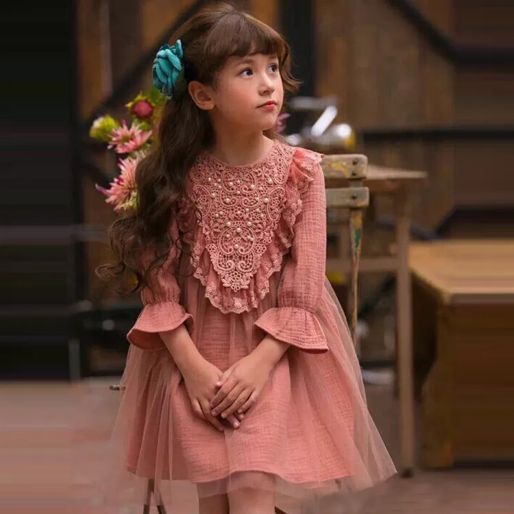 free shipping wholesale newest autumn girls lace mesh cute dresses party beading Princess | Детская одежда и обувь