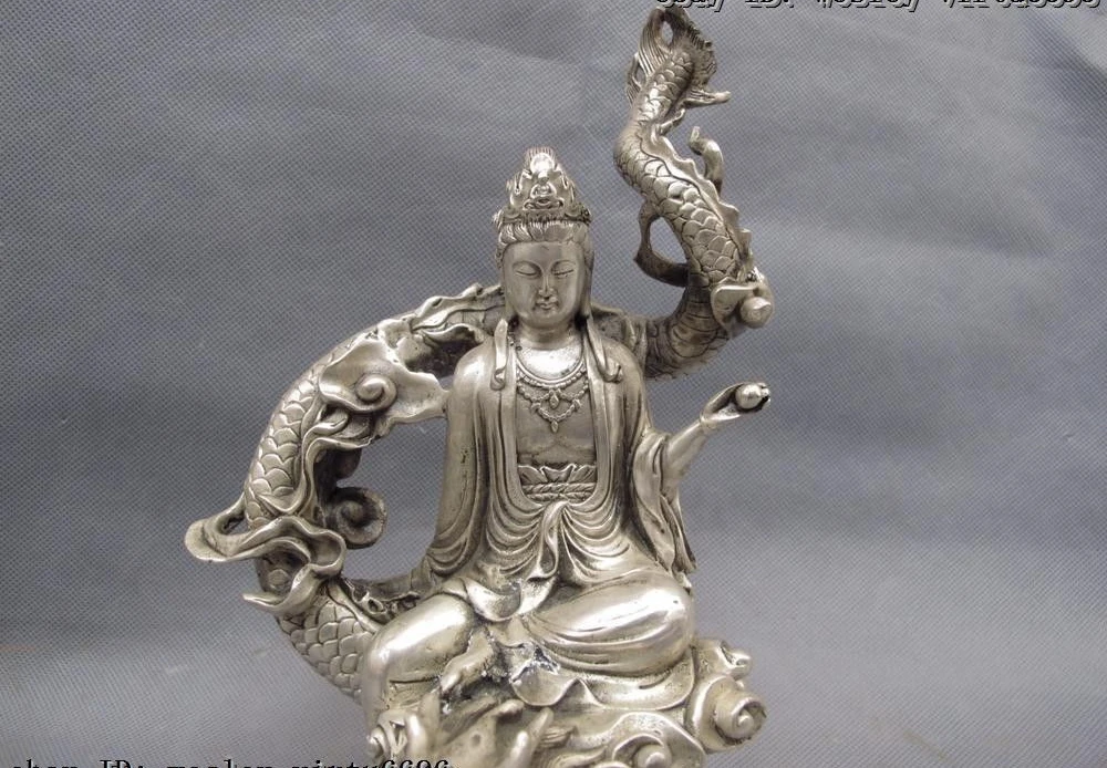 Chinese Buddhism White Copper Silver Ride Dragon Guan Yin Kwan-yin Boddhisattva | Дом и сад
