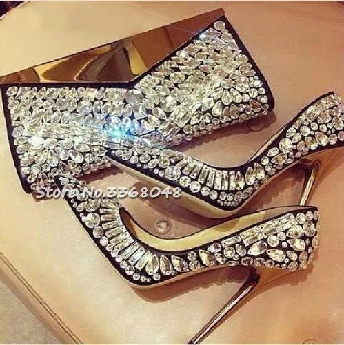 

Luxury Black White Crystal Embellished Pumps Gold Stiletto Heels Jeweled Pumps Women Pointed Toe Beaded Bridal Wedding Shoes