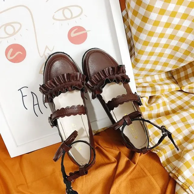 Женская обувь в японском стиле сезон весна осень кружевная на каблуке с круглым