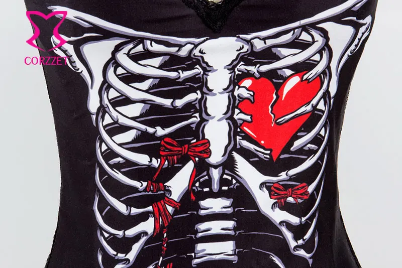 Skeleton&ampRed Heart Print Burlesque Corselet Corset Overbust Push Up Corsets And Bustiers Sexy Korsett For Women Gothic Clothing | Женская