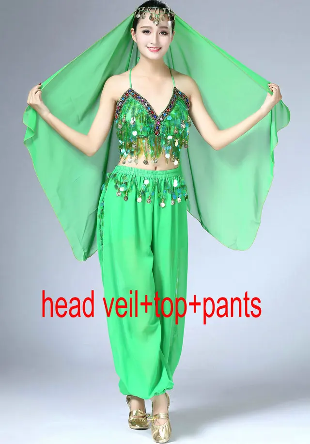 Veil Top Pants Костюм для танца живота с блестками для девочек топ бюстгальтер на бретельках с завязкой вуаль Женская Клубная одежда костюм комплект фестиваль Болливуд Восточный танец наряд - Цвет: Veil Top Pants