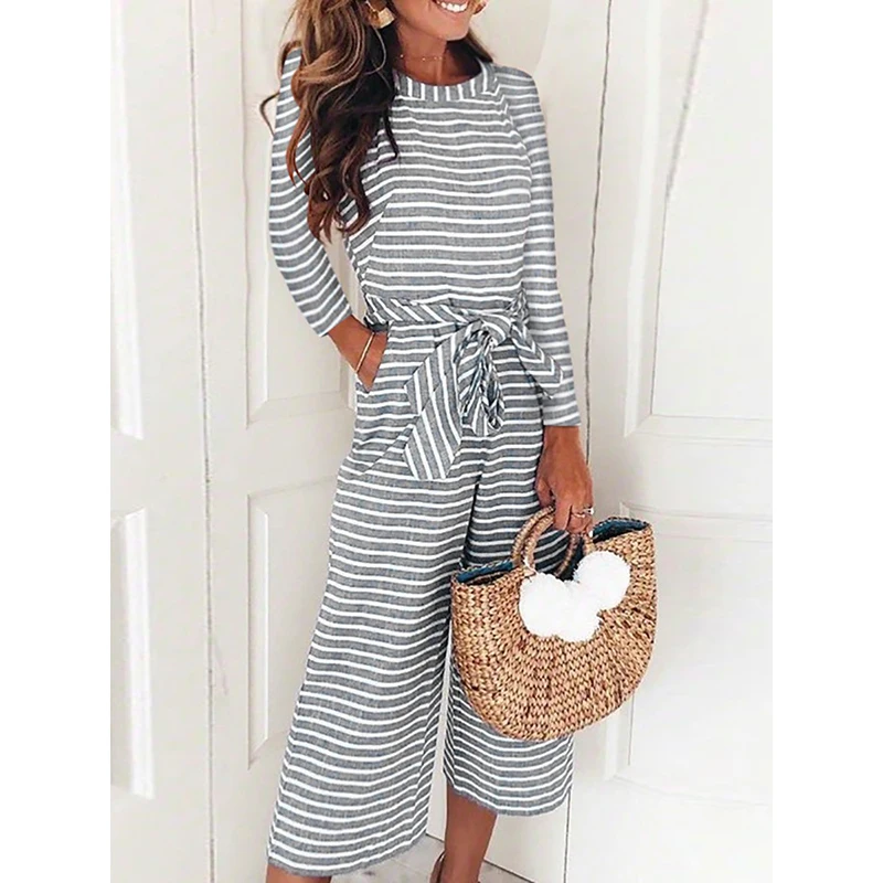 

Long Sleeve Women Jumpsuit Autumn Nice Fashion Striped Printed Rompers Womens Jumpsuit With Sashes Elegant Wide Leg Overalls
