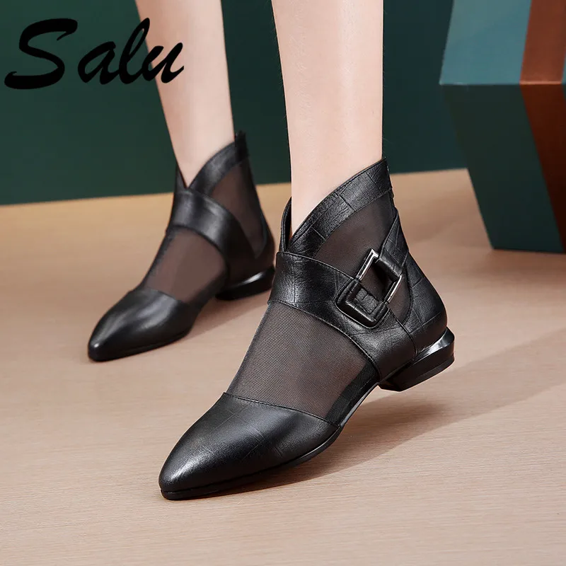 

Salu Women Hollow Out Summer Cool Mesh Ankle Boots Female Chunky Heels Lady Girls Fashion Summer Boots Shoes Woman Size 4142