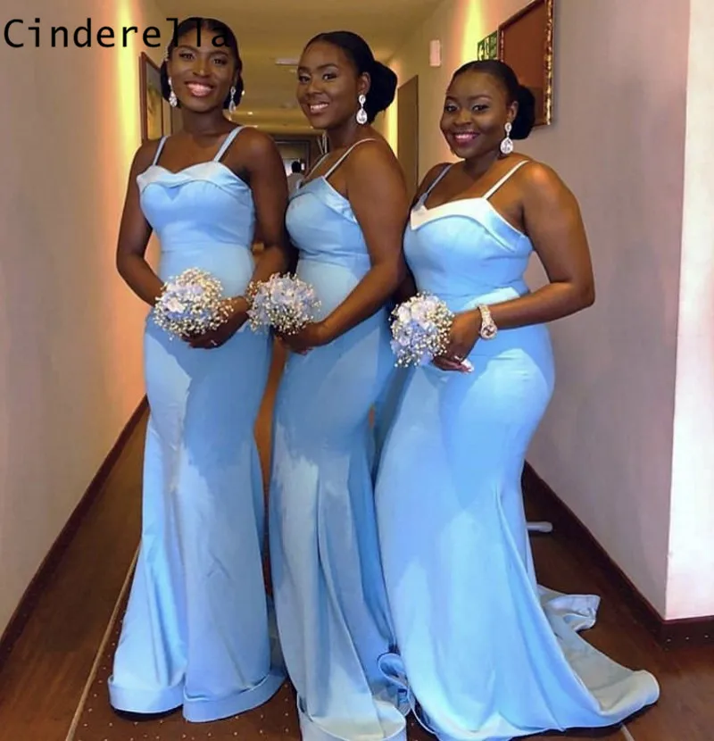 

Cinderella Light Sky Blue Sweetheart Spaghetti Straps Court Train Satin Mermaid Bridesmaid Dresses Sexy Mermaid Bridesmaid Gowns