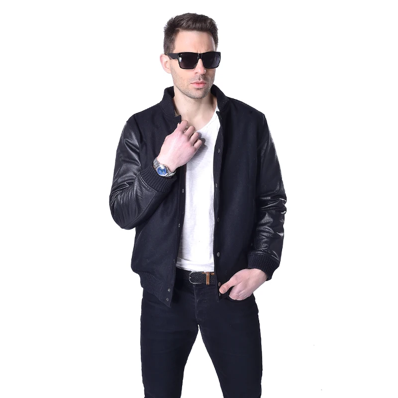 Фабрика Для мужчин куртка черный шерстяной жакет Пояса из натуральной кожи