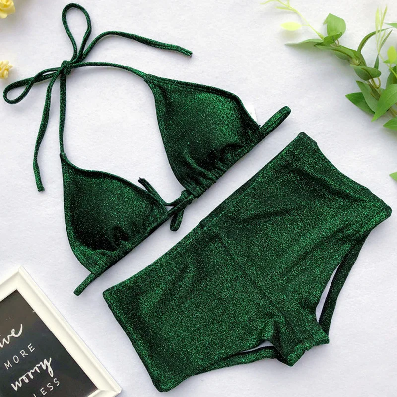 Яркий блестящий бикини с высокой талией женский купальник лямкой на шее из двух