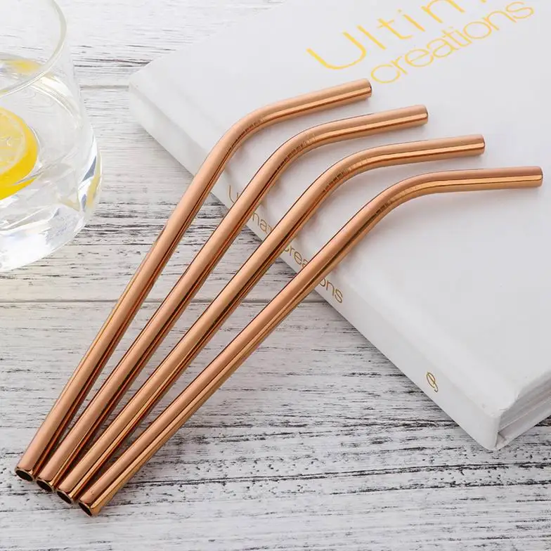 100 Rose Gold bent 100 шт/партия Соломинки из нержавеющей стали+ щеточка для очистки, многоразовая диаметр 8 мм изогнутая металлическая соломинка золото черный Кухня Горячая - Цвет: 100 Rose Gold bent