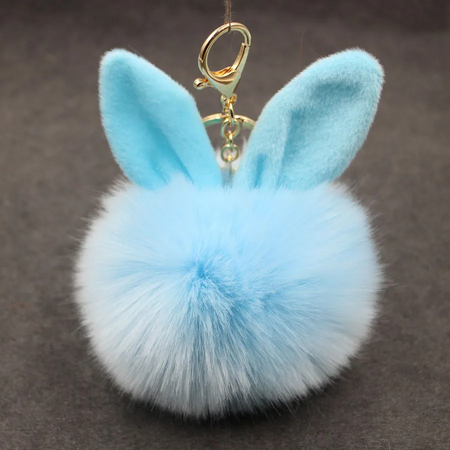 light blue Exknl автомобильный пушистый брелок с искусственными кроличьими ушками и меховым шаром для ключей, брелок с помпоном из искусственного кроличьего меха, брелок для женщин, автомобильный брелок - Цвет: light blue