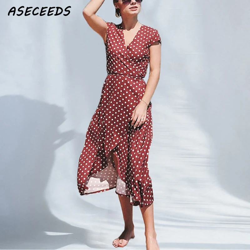 Летнее платье в горошек винтажное миди женское с запахом повседневные длинные