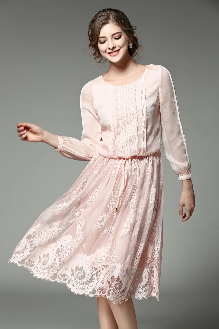 Осень 2017 г. Женщины Розовый o образным вырезом Фонари рукавом Кружева платье дамы