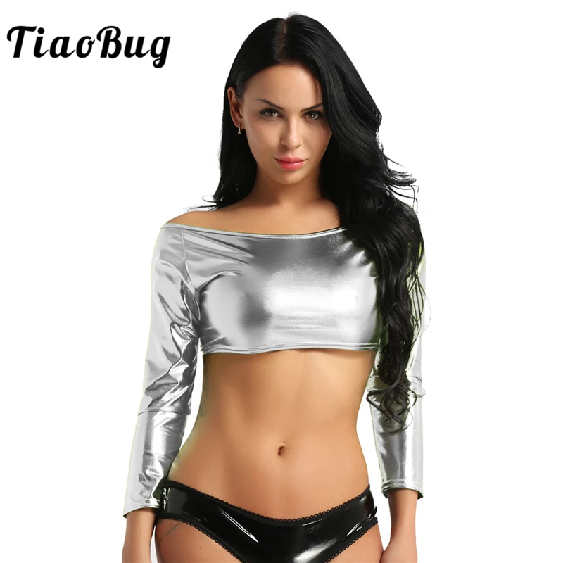Женский Блестящий укороченный топ с открытыми плечами TiaoBug повседневная