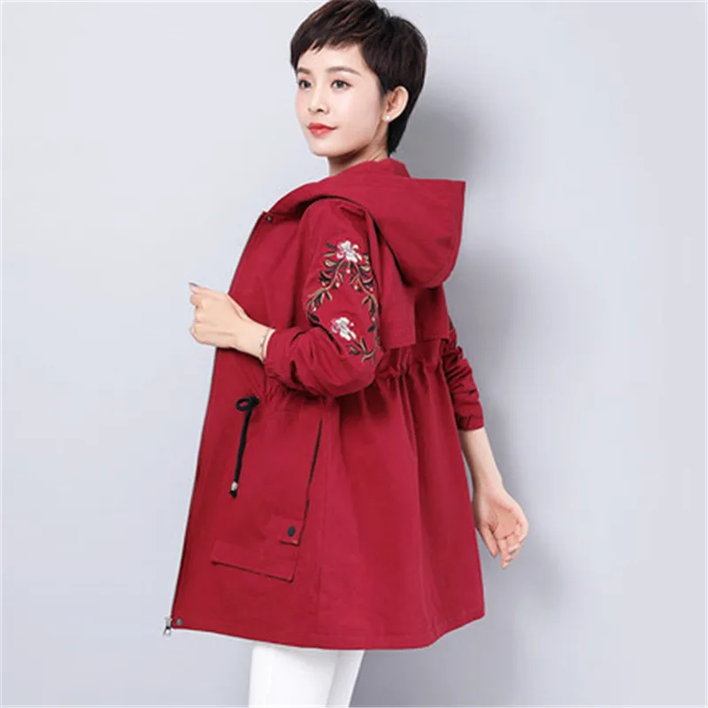 2020 New Spring Autumn Korean Hooded Long Trench Coat Women Large Size Embroidery Windbreaker Female Middle-aged Overcoats 5XL | Женская
