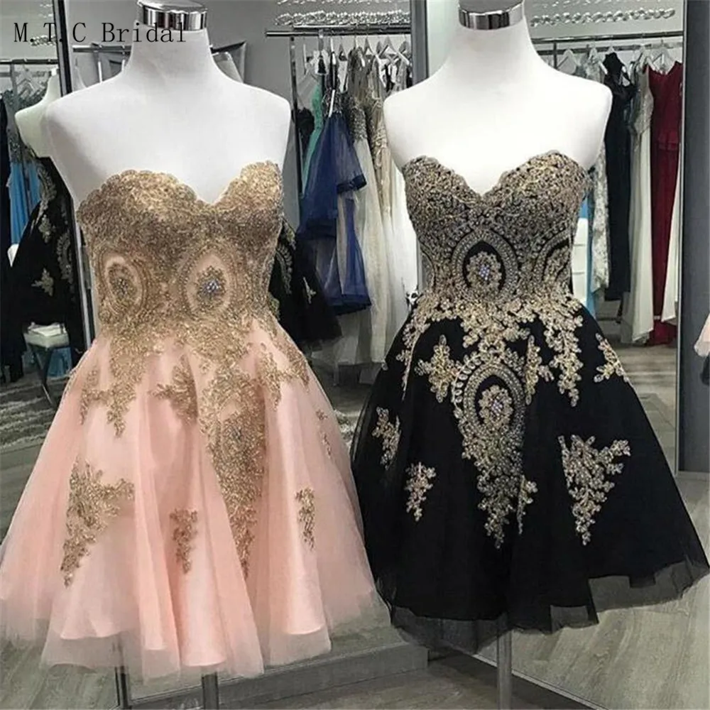 

2019 Short Prom Dresses Chic Gold Lace Appliques Knee Length A Line Exquisite Evening Gowns Cheap Women Wedding Party Dress