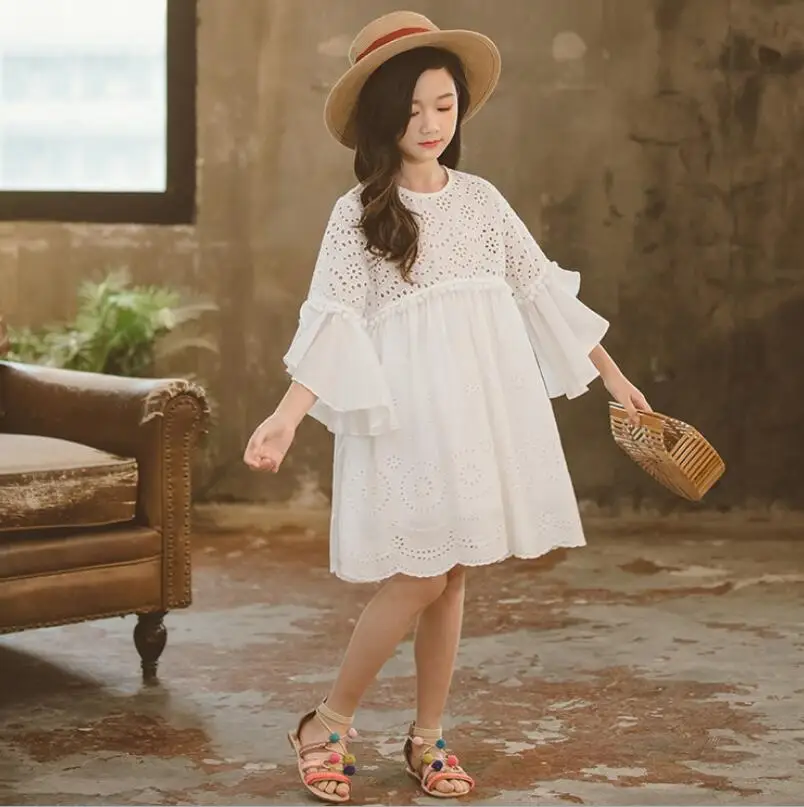 Retail Teenage 2019 Children Girls White Hollow Out Summer Dress Princess Fashion Boutique 4-9T | Детская одежда и обувь