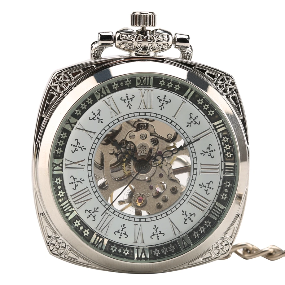 NEW Elegant Square Roman Number Mechanical Silver Pocket Watches for Women Men Gift Fob Watch with Pendant Necklace Chain | Наручные часы