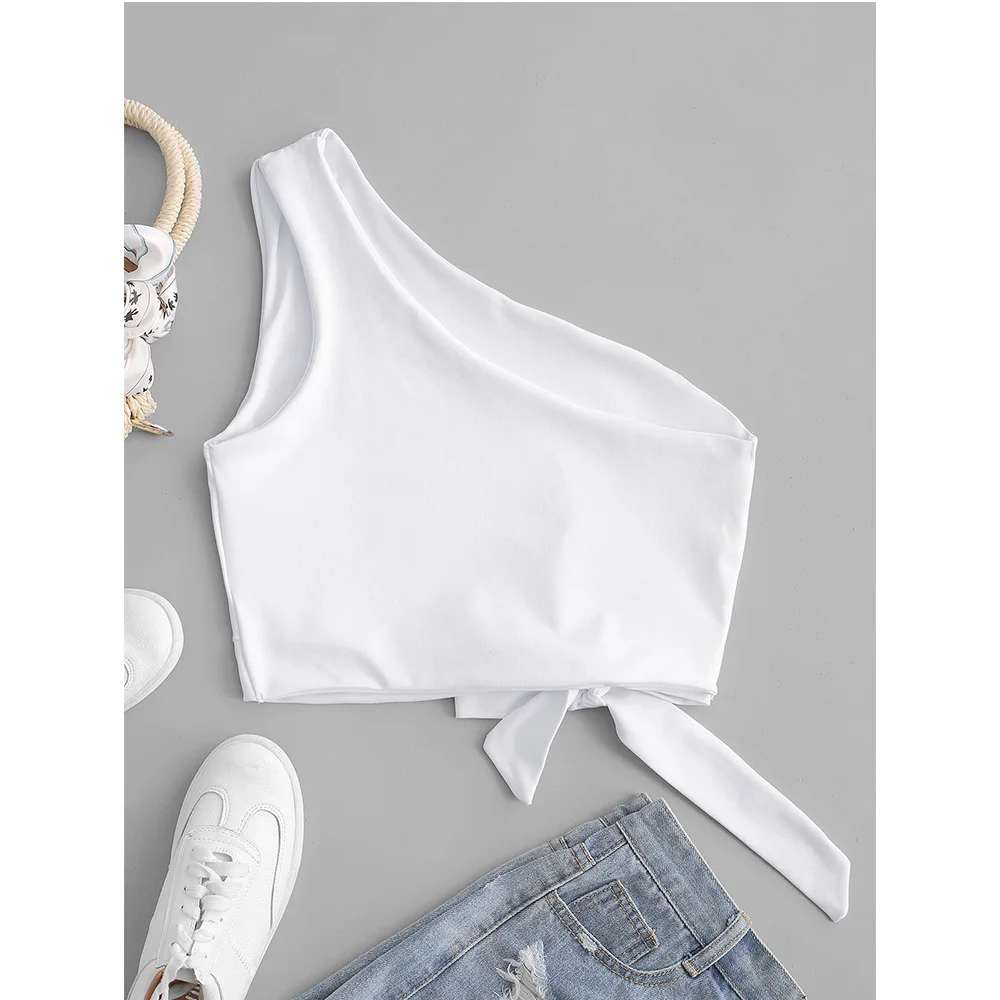 ZAFUL Одно Плечо Узелок Твердые Майка Женщины Повседневная Короткая Рубашка