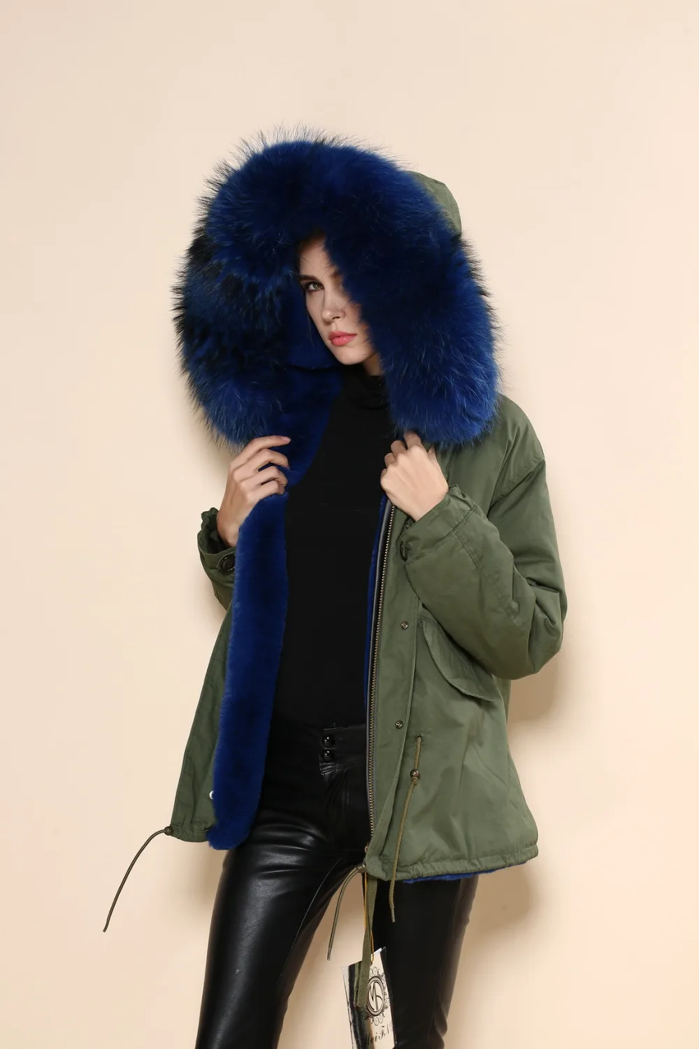 Winter Military Green Womens Dark Blue Faux Fur Lined Short Jacket Ladies Raccoon Hooded Parka Coat 2017 Wholesale | Женская одежда