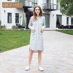 Пижама Плюс Весенняя Осенняя женская рубашка Хлопковая пижама полосатая Ночная Юбка До Колена Повседневная Ночная Рубашка Camisola Vestidos Robe Femme