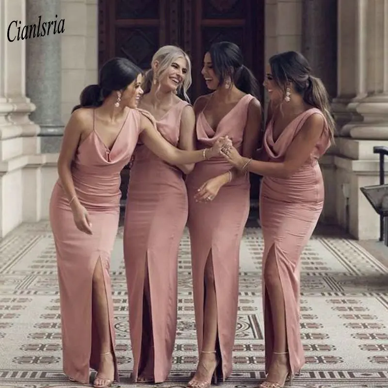 

Pink Front Split Long Sheath Bridesmaid Dresses Criss Cross Back Wedding Guest Dress For Wedding Party vestido madrinha