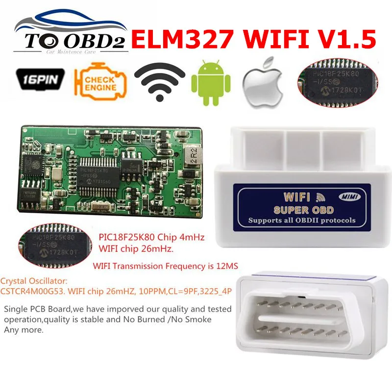 Считыватель кодов ELM327 WIFI V1.5 OBD2 сканер ELM 327 1 5 с чипом PIC18F25K80 поддерживает систему