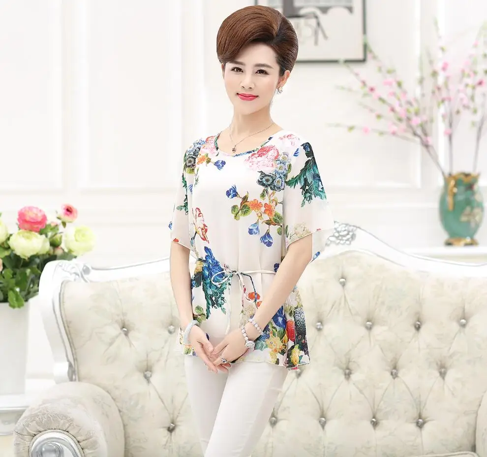 2016 Женская Летняя шелковая и шифоновая блузка с цветочным принтом короткими