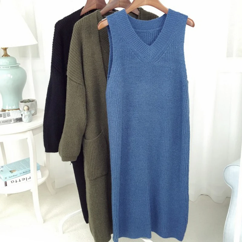 Two sets of spring and autumn sweater coat fashion dress set 2018 new long cardigan |