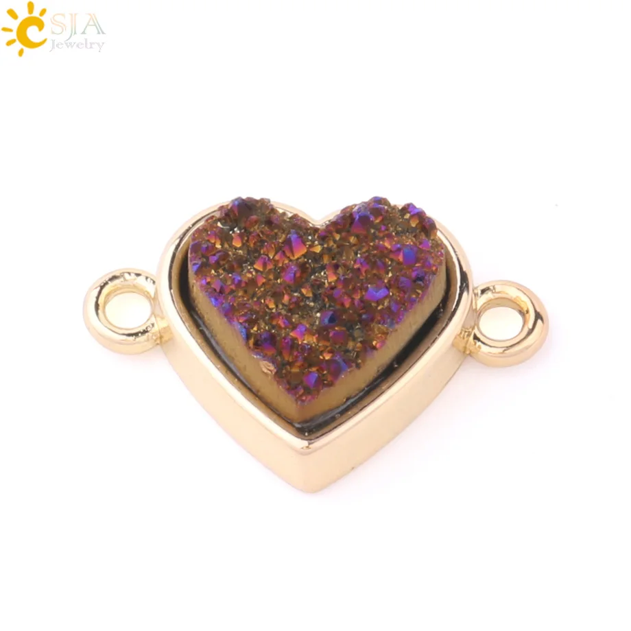 CSJA подвески в форме сердца Drusy Друза натуральный кристалл камень золотой цвет