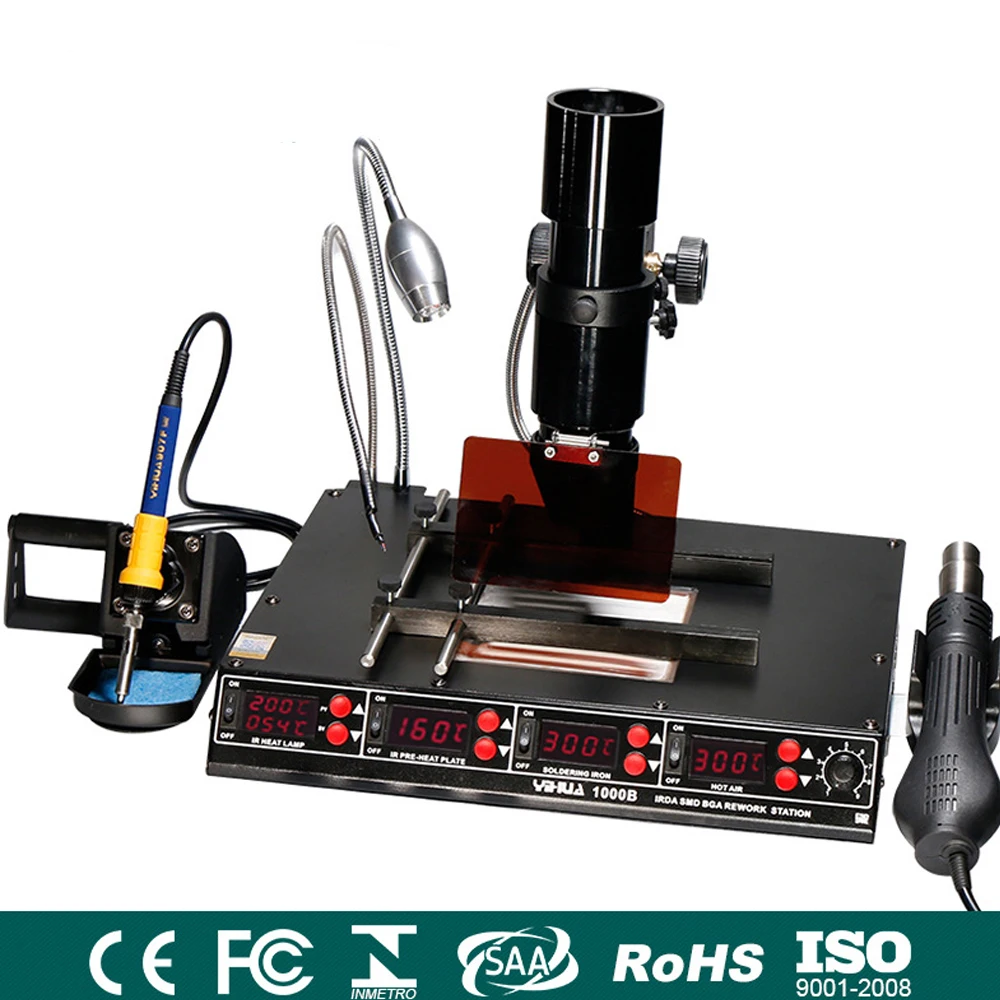 YIHUA 1000B 3 функции в 1 Инфракрасная паяльная станция SMD горячего воздуха+ 75 Вт паяльники+ 540 Вт станция предварительного нагрева 110 В/220 В