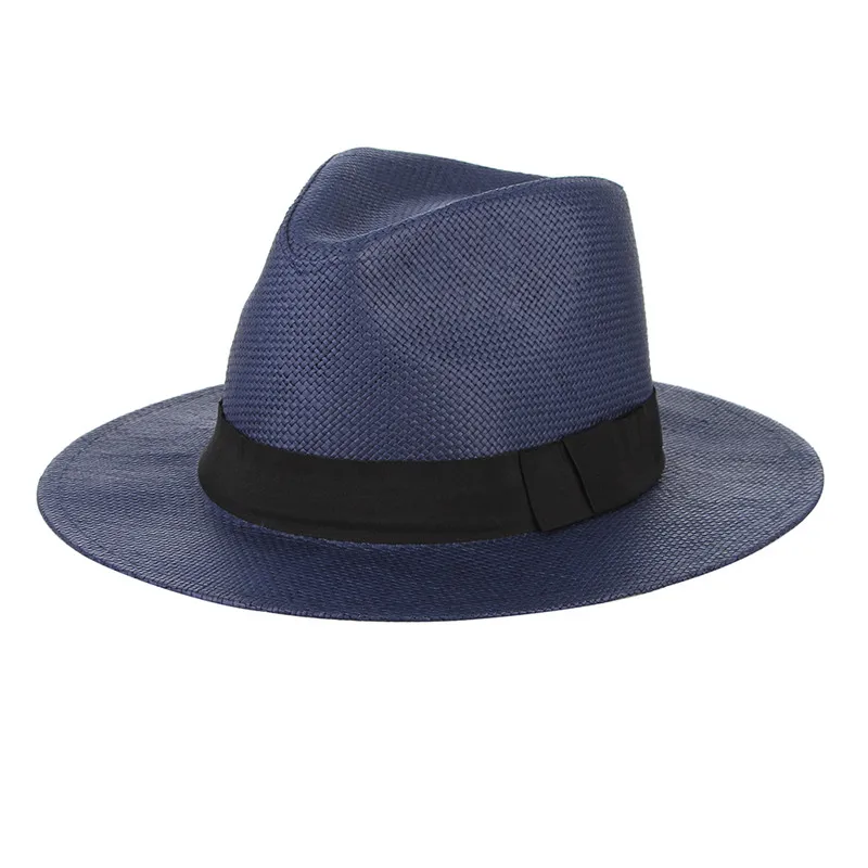 Navy Blue GEMVIE классический Джаз соломенная шляпа для мужчин и женщин Лето тканая бумага черная полоса Fedoras Солнцезащитная шляпа унисекс Мода пляжная шляпа - Цвет: Navy Blue