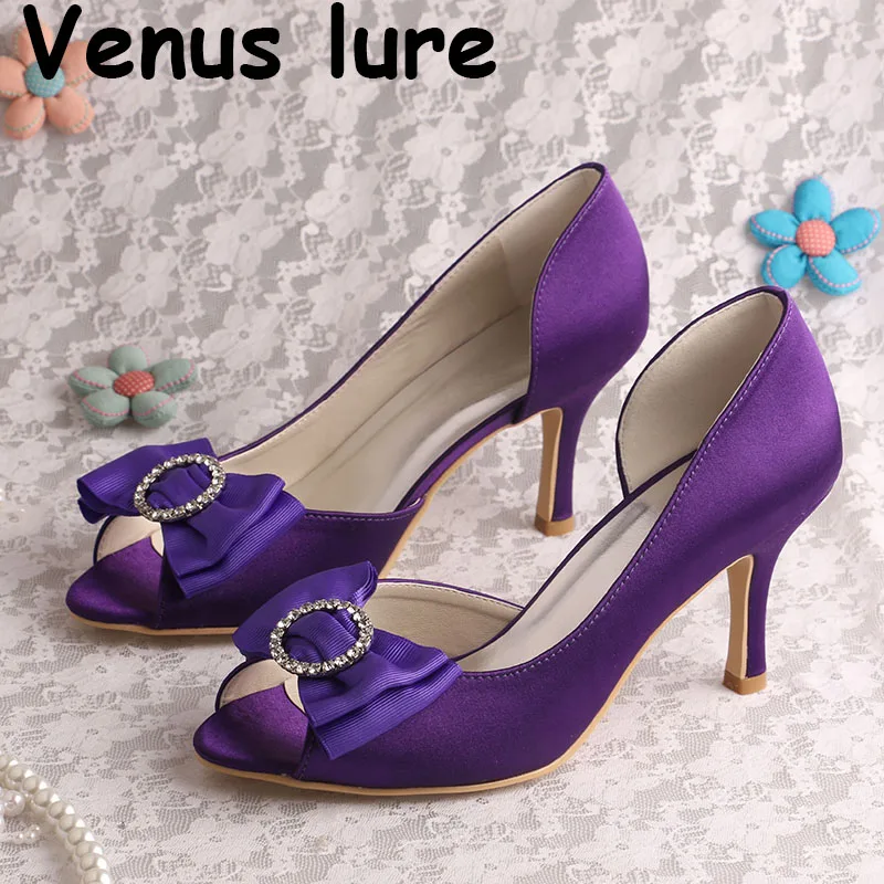 

Thin Heel Open Toe Wedding Shoes for Women Purple Satin Bow Pumps