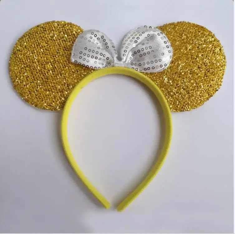 Gold ears silver bow 1 шт., аксессуары для волос, уши Минни/Микки, однотонная черная и цветная повязка на голову с бантиками для мальчиков/девочек, для празднования дня рождения - Цвет: Gold ears silver bow