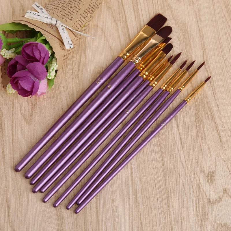 10Pcs Purple Artist Paint Brush Set Nylon Hair Watercolor Acrylic Oil Painting Brushes Drawing Art Supplie | Дом и сад