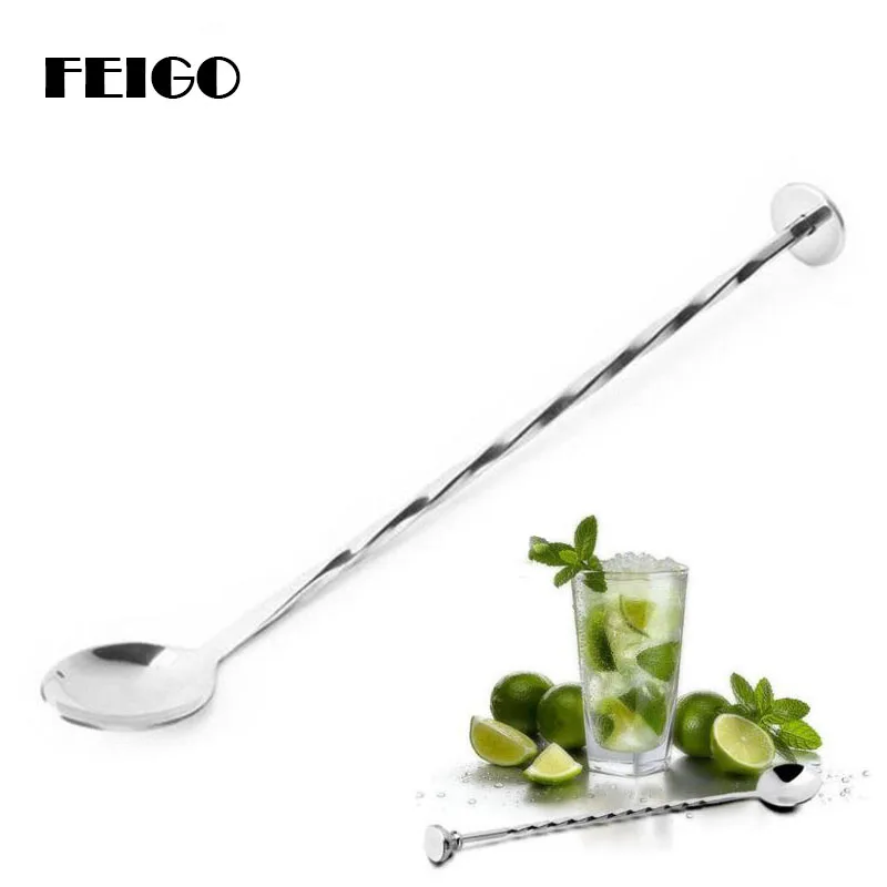 

FEIGO 1Pcs Long Stainless Steel Mixing Cocktail Spoon Spiral Pattern Bar Teadrop Spoon Stir Spoon Bar Tool Bartender Tools F339