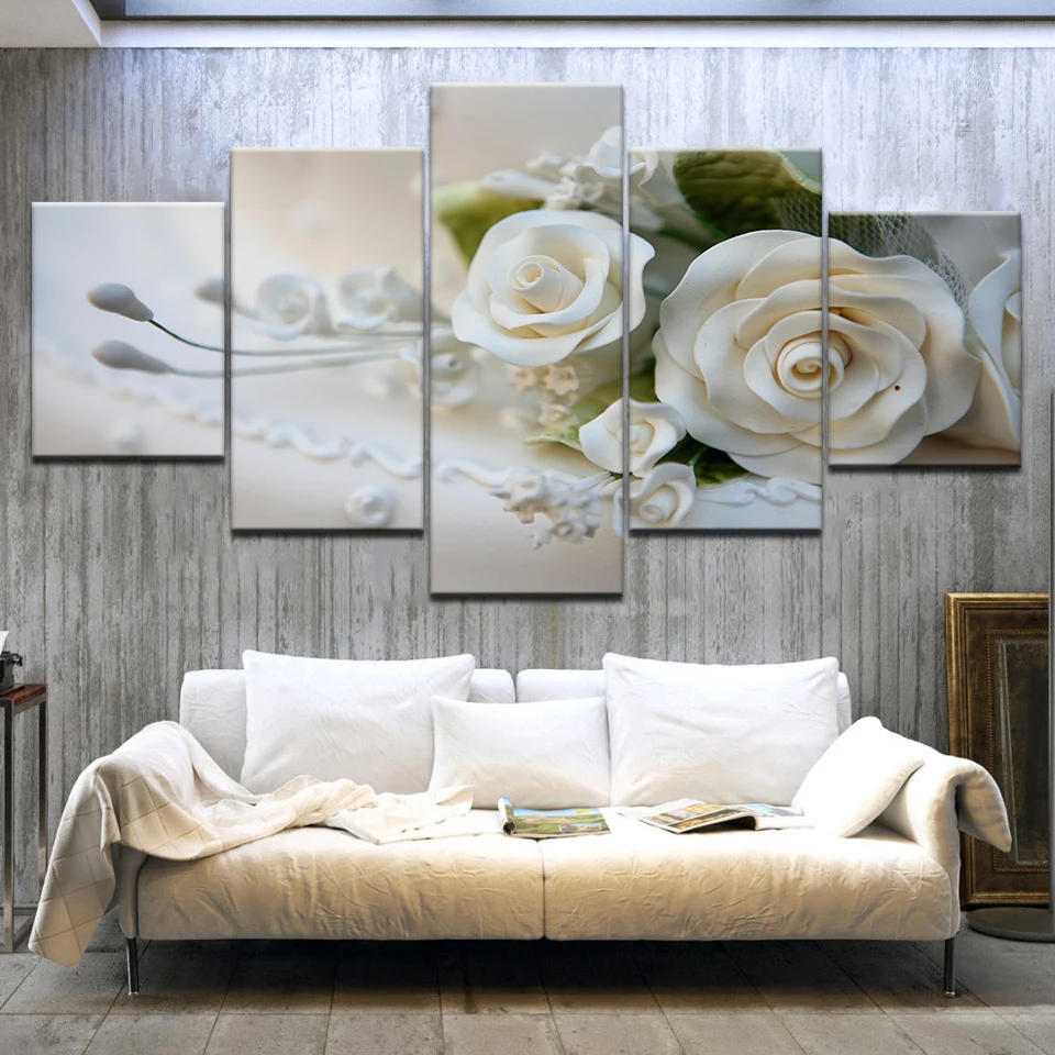 

Canvas HD Prints Pictures Modular Wall Art Posters Framework 5 Pieces White Roses Flowers Paintings For Living Room Home Decor