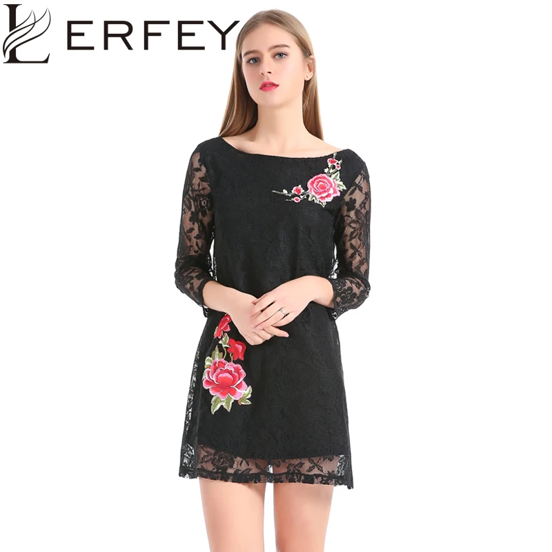 Женское кружевное платье LERFEY черное Элегантное повседневное короткое мини с