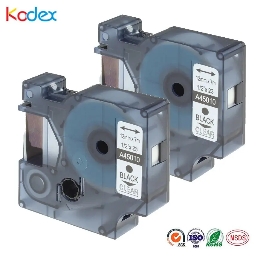 Ламинированная лента Kodex 2 шт./лот совместимая с Dymo D1 45010 12 мм черная на прозрачном