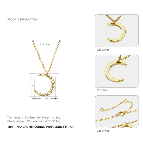 EMNL010-2 Gold e-Manco Elegant Moon Pendant Necklace for Women 925 Sterling Silver Statement Necklaces Silver Chain Fine Jewelry for women - Окраска металла: EMNL010-2 Gold