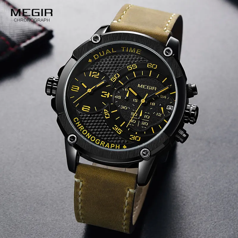 

MEGIR Chronograph Sport Quartz Watch Men Dual Time Zone Men Wrist Watches Creative Leather Army Military Wristwatches Clock Hour