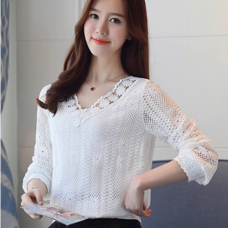 Женская кружевная блузка с V образным вырезом длинным рукавом|white shirt women|fashion