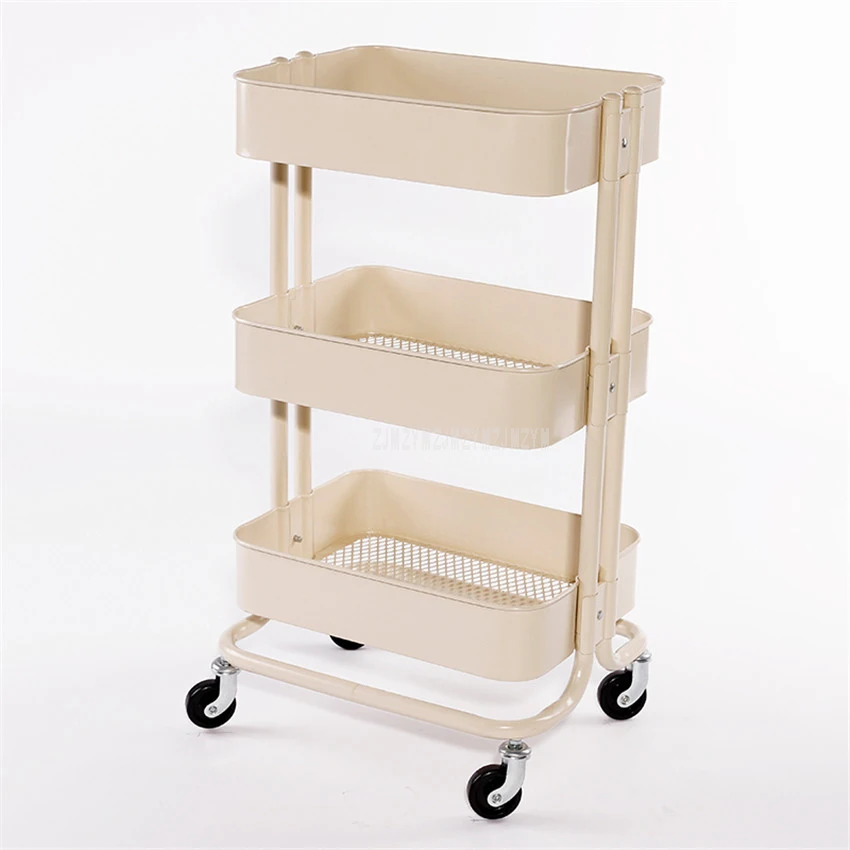 Beige WithoutHandrai Модные креативные 3 яруса из углеродистой стали, домашний стеллаж для хранения в гостиной, коляска на колесиках, кухонный Органайзер с 4 колесами - Цвет: Beige WithoutHandrai