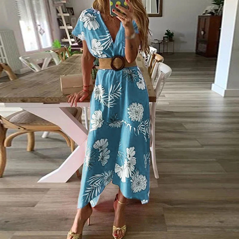Летнее сексуальное пляжное платье с глубоким v-образным вырезом цветочным