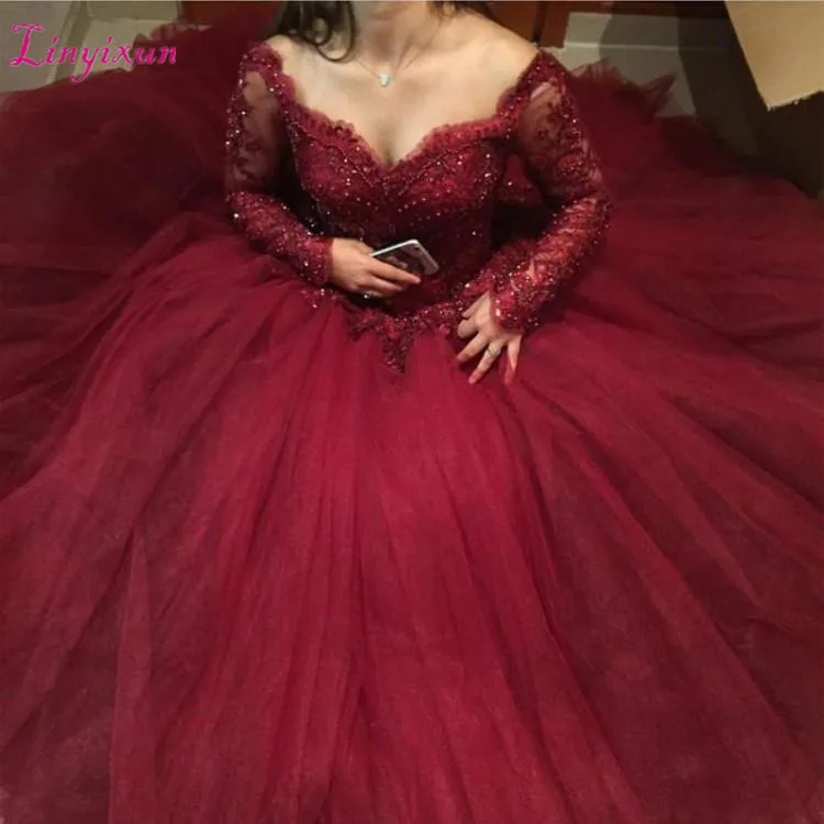 Роскошное бальное платье платья для Quinceanera цвет Бургунди с открытыми плечами
