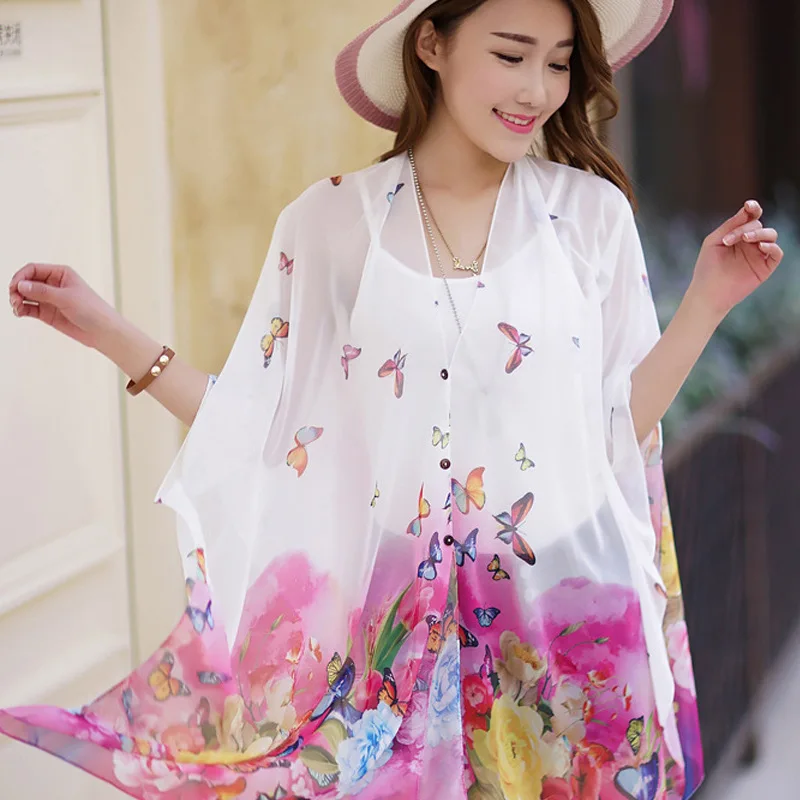 Летняя Пляжная накидка туники 2017 шифон кимоно блузки рубашки топы Femme Бабочка