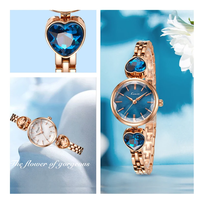 KIMIO женские кварцевые часы с синим кристаллом циферблатом разрезанием лица