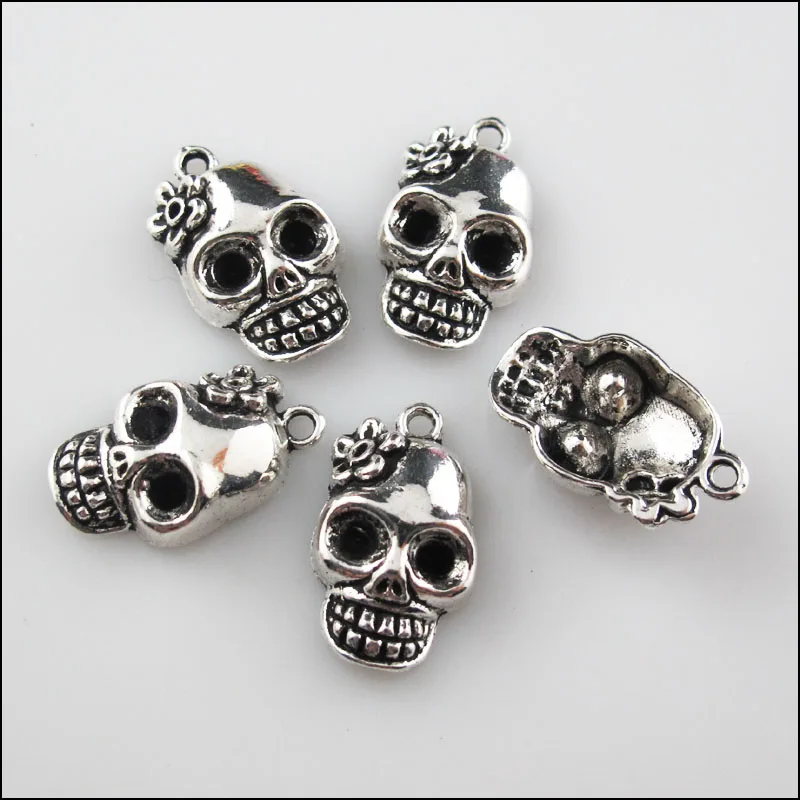 Мода 15 шт. Тибетский серебристый цвет Хэллоуин Подвески черепа 13x21.5mm|Шармы| |