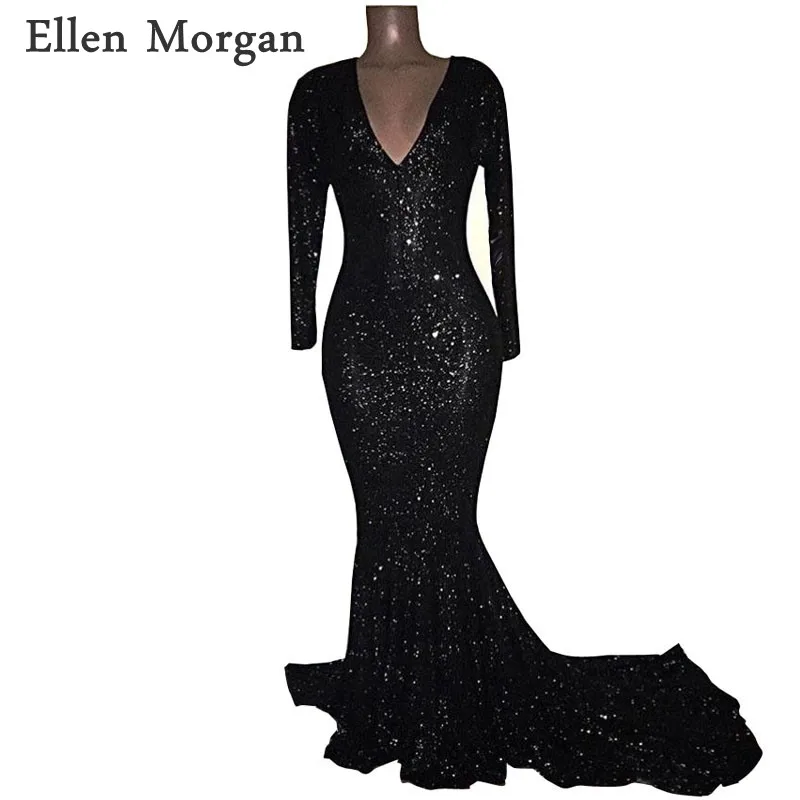 Long Sleeves Sequined Mermaid Prom Dresses 2019 for African Black Girls V Neck Zipper Vestido De Festa Party Gowns | Свадьбы и