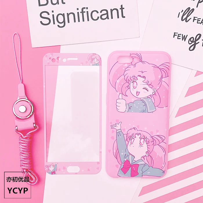 For iphone 7plus Sailor Moon Case +Tempered Glass Screen film for X 8 8plus 6 6S plus Pink cover+ Strap +Metal Gift box |