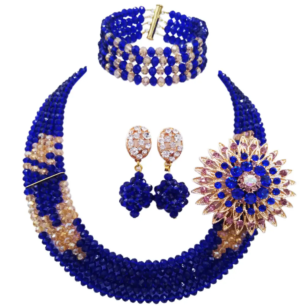 

Модное Королевское голубое золото мульти нити нигерийское свадебное ожерелье костюм африканские бусы Набор украшений для женщин 5L-YH15