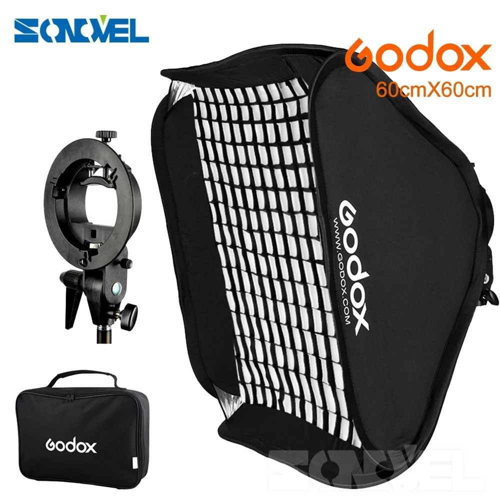 

Регулируемый софтбокс Godox для вспышки, 24 х24 дюйма, 60 х60 см, S-образный кронштейн, набор для крепления в виде сотовой сетки для студийной съемки...